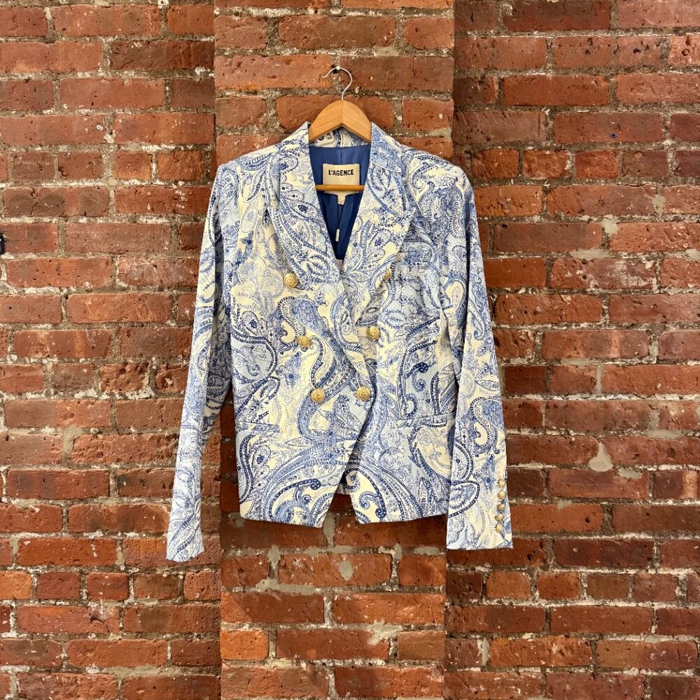 NWT L'AGENCE Marie Double-Breasted Blue Paisley Cotton Blazer